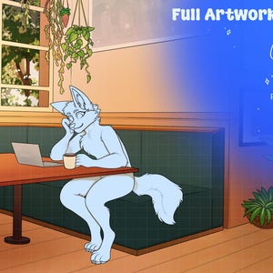 May include: Digital artwork of a furry character in a cafe setting, using a laptop and drinking from a mug. The image has a blue and orange color scheme, with text that reads "Full Artwork Furry base! Cafe Study". Includes shading, pre-filled layers, and customizable mug.