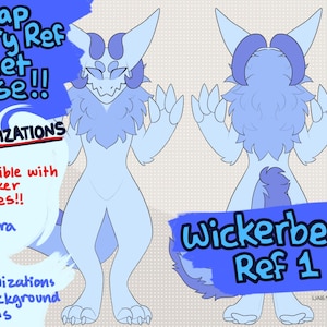 Könnte beinhalten: Ein blaues, pelziges Charakter-Referenzblatt mit 34 Anpassungsmöglichkeiten. Das Blatt enthält eine Vorder- und Rückansicht des Charakters, der ein Wickerbeast ist. Der Text "Wickerbeast Ref 1" befindet sich am unteren Rand des Blattes.