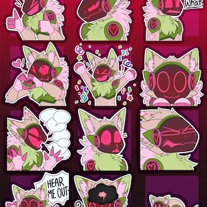 Pode incluir: Um conjunto de autocolantes coloridos com uma personagem de desenho animado em rosa e verde. A personagem tem uma viseira e detalhes em forma de coração, com várias expressões e balões de fala. O texto "*Colored Examples!!" está no topo.
