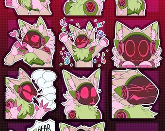 May include: A collection of colorful stickers featuring a cartoon character with a pink and green color scheme. The character has a visor and heart-shaped accents, with various expressions and speech bubbles. The text "Colored Examples!!" is at the top.