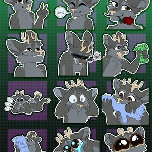 May include: A set of cartoon stickers depicting a grey deer-like character in different poses and expressions. The stickers include the text "UwU" and the phrase "Colored Examples!!". The character has antlers and is set against a green and purple background.