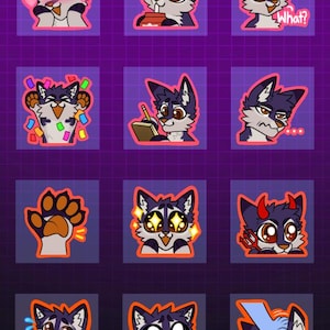 Puede incluir: Una colección de doce pegatinas digitales que presentan un personaje de lobo de dibujos animados con pelaje oscuro y marcas blancas. El lobo muestra varias expresiones incluyendo alegría, confusión y sorpresa, con el texto What en algunas.