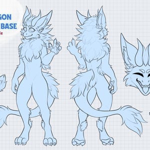 May include: A light blue line art reference sheet for a Nardragon character. The sheet includes a full body front and back view, a small character sketch, a headshot, and a paw print. Text at the top reads "Cheap Nardragon Ref Sheet Base".
