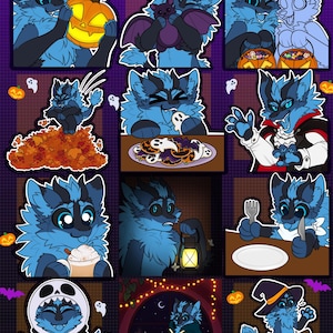 May include: A collection of twelve digital illustrations featuring a blue, furry creature in various Halloween-themed activities, including holding a jack-o'-lantern, eating ghost-shaped cookies, wearing a vampire cape, and riding a broomstick.