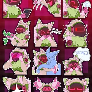 Puede incluir: Una hoja de pegatinas coloridas con un personaje de dibujos animados con una visera roja y pelaje verde. Las pegatinas muestran al personaje en varias poses, con bocadillos y corazones. El fondo es rojo oscuro.