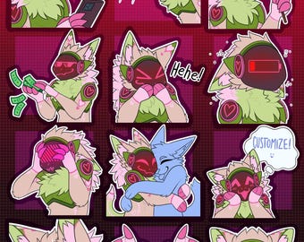 May include: A sheet of colorful stickers featuring a cartoon character with a red visor and green fur. The stickers show the character in various poses, with speech bubbles and hearts. The background is a dark red.