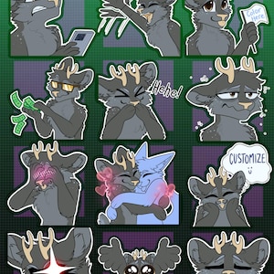 May include: A set of cartoon stickers depicting a grey, deer-like anthropomorphic character in different poses and expressions. Some stickers feature speech bubbles with text such as "Customize" and "Color Here."