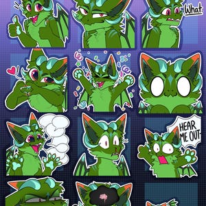 May include: A set of green cartoon dragon stickers with different expressions and poses. The stickers have toggleable wings, horns, and tails. Text includes "Colored Examples!!", "Toggleable wing, horn, and tail layers!", and "HEAR ME OUT".