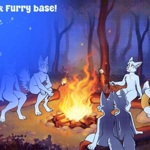 Könnte beinhalten: Digitale Illustration mit anthropomorphen Charakteren am Lagerfeuer. Die Szene zeigt ein Lagerfeuer mit Flammen, Figuren, die Marshmallows rösten, und eine, die Gitarre spielt. Der Hintergrund ist ein Wald bei Nacht, mit Text oben.