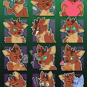 May include: A set of nine digital stickers featuring a brown deer with different expressions. The deer is wearing a brown and white fur coat and has large, expressive eyes. The stickers include expressions such as "Hi!" "Ha Ha!" "Ych" and "Zzz".