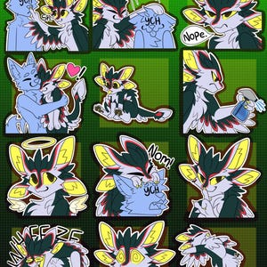 May include: A set of 12 digital stickers featuring a cartoon character with black and yellow fur, red eyes, and lightning bolt markings. The character is shown in various poses and expressions, including bonking, hugging, and eating. The stickers are perfect for adding a touch of fun and personality to your digital creations.