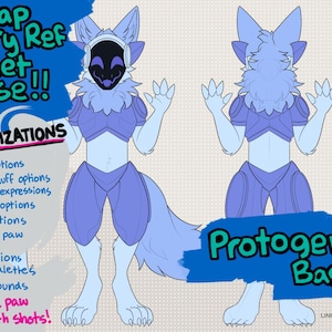 May include: A blue and white line art illustration of a Protogen character with 44 customization options. The illustration includes a full body view of the character with different options for hair, chest fluff, facial expressions, armor, ears, claws, paws, tails, and backgrounds. The text "Protogen Base 1" is written in a blue box at the bottom of the image.
