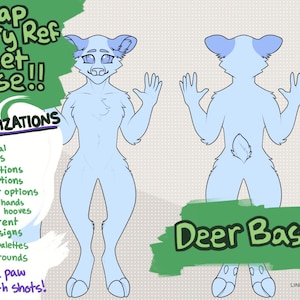 Könnte beinhalten: Illustration eines hellblauen, hirschähnlichen Charakters mit Vorder- und Rückansicht. Der Text enthält "Cheap Furry Ref Sheet Base!!" und "+36 CUSTOMIZATIONS" mit Optionen für Frisuren, Ohren, Augen, Geweihe, Hände, Körperdesigns, Farbpaletten und Hintergründe.