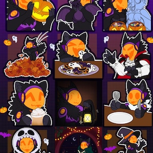 Puede incluir: Una colección de doce ilustraciones digitales que muestran a una criatura antropomórfica negra y morada con una visera naranja, representada en diversas actividades temáticas de Halloween como sostener una calabaza y comer galletas.