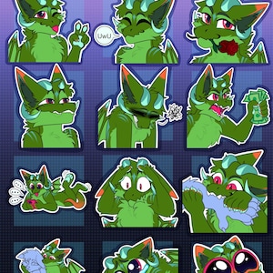 May include: A series of green dragon illustrations with diverse expressions and poses. The dragons feature orange accents and are shown with different wing, horn, and tail configurations. Text includes "Colored Examples!!" and details about customisable features.