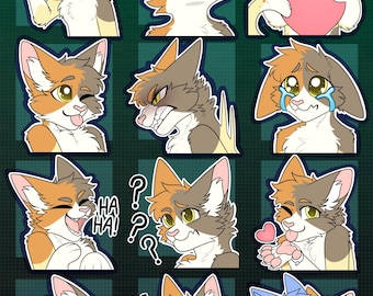 May include: A digital sticker sheet featuring a calico cat character with orange, white, and gray fur in various poses and expressions, including waving with the text Hi!, laughing with HA HA!, crying, sleeping with ZZZ, and hugging a blue cat character.