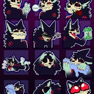 May include: A set of digital art stickers showcasing a stylized wolf character with a skull-like face, in various poses and expressions. The character has red accents and a dark color scheme. The text "*Colored Examples!!" is displayed at the top of the image.