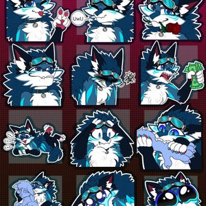 May include: A collection of stickers featuring a blue and white anthropomorphic wolf character with goggles. The character displays various expressions, including joy, sadness, and surprise. The stickers have a white outline and are set against a burgundy background.
