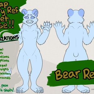 Op de afbeelding: Een digitaal referentieblad-sjabloon voor een lichtblauw antropomorf berenpersonage, met voor- en achteraanzichten met opgeheven poten. De tekst bevat Cheap Furry Ref Sheet Base, 30 customizations en Bear Ref 1, met details over diverse opties.
