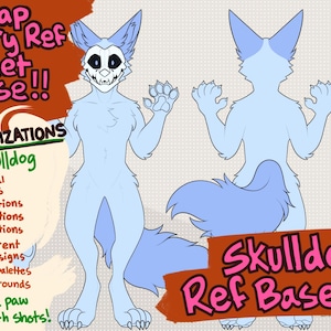 Op de afbeelding: Een lichtblauwe SkullDog-karakterreferentieblad met voor- en achteraanzicht. De afbeelding bevat de tekst "Cheap Furry Ref Sheet Base!!" en "+30 Customizations". Extra functies zijn optionele kapsels, ooropties, staartopties en oogopties.