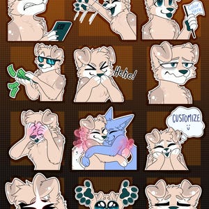 May include: A collection of cartoon dog stickers in various poses and expressions. The stickers feature a light brown dog with different facial expressions, holding money, and displaying paws. Some stickers have speech bubbles with text.