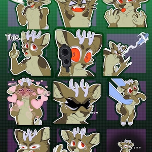 May include: A series of cartoon deer illustrations displaying different emotions. The deer are depicted with brown fur, white antlers, and red eyes. Some images feature speech bubbles with text, including "YES!" and "This."