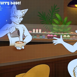 Op de afbeelding: Digitale illustratie van een furry-basis getiteld Full Artwork Furry base! Cafe Barista. Het toont twee lichtblauwe antropomorfe personages in een café, waarbij de een een drankje inschenkt en de ander aan een bar zit, met tekst die de kenmerken opsomt.
