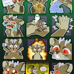 May include: A set of cartoon stickers featuring a deer-like character with antlers, expressing different emotions. The stickers include text that says "Write here!" and "This is fine". The character is shown in various situations, including holding a cookie or surrounded by flames.