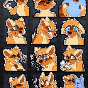 May include: A collection of cartoon raccoon stickers with various expressions. The raccoons are primarily orange and cream-colored, with blue eyes. Some stickers have speech bubbles with text like "Hi!" and "HA HA!"