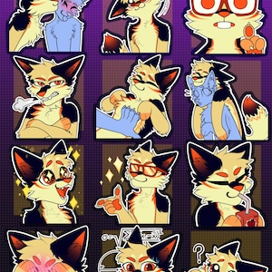 Puede incluir: Una colección de doce pegatinas digitales que muestran un personaje de dibujos animados parecido a un zorro con pelaje crema, negro y naranja en varias expresiones y poses, incluyendo besos, gafas y bebiendo de un cartón.