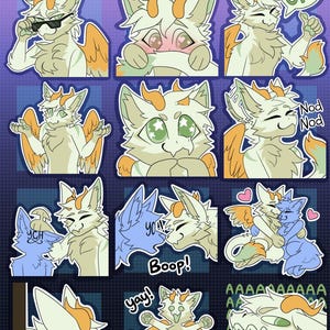 Puede incluir: Un conjunto de nueve pegatinas digitales que presentan un personaje de dibujos animados con diferentes expresiones y poses. El personaje es una criatura peluda blanca con acentos naranjas, lleva gafas de sol y tiene una variedad de accesorios, incluyendo alas, cuernos y colas. Las pegatinas incluyen texto como "OK!" y "Nod Nod".