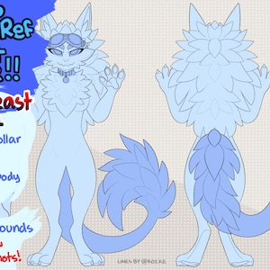 Può includere: Un foglio di riferimento di un personaggio blu e peloso con collare e occhiali opzionali. Il foglio include un corpo femminile predefinito, tre opzioni di occhi e sei sfondi. Il foglio include anche foto aggiuntive di zampe e bocca.