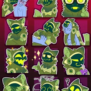 Puede incluir: Un conjunto de nueve pegatinas digitales que presentan un personaje de dibujos animados verde y amarillo con diferentes expresiones. El personaje tiene ojos grandes, una boca ancha y unos auriculares. Las pegatinas son perfectas para añadir un toque divertido y peculiar a tus mensajes digitales.