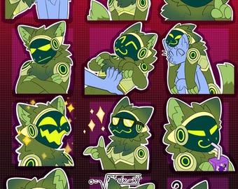 May include: A set of nine digital stickers featuring a green and yellow cartoon character with different expressions. The character has large eyes, a wide mouth, and a pair of headphones. The stickers are perfect for adding a fun and quirky touch to your digital messages.