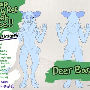 Könnte beinhalten: Eine digitale Illustration einer Hirsch-Charakterbasis für Furry-Kunst. Die Basis ist hellblau und beinhaltet 36 Anpassungsmöglichkeiten, darunter Frisuren, Ohren, Augen, Geweihe, Hufe, Körperdesigns, Farbpaletten und Hintergründe. Der Text "Deer Base 1" ist unten im Bild in Grün geschrieben.