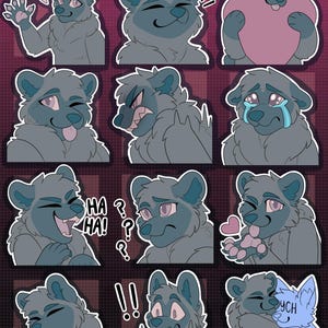 May include: A set of nine digital stickers featuring a blue and gray cartoon raccoon with different expressions, including "Hi!" "HA HA!" "Ych" and "Zzz".