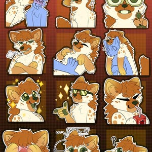 May include: A collection of cartoon stickers featuring a brown and white furry character with various expressions and poses. Some stickers show the character wearing glasses, drinking juice, or interacting with other characters. The text "Colored Examples!!" is at the top.