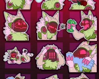 May include: A collection of colorful digital art stickers featuring a stylized, anthropomorphic character with a red visor and green fur. The stickers display various expressions and poses, with the text "UwU" in one.