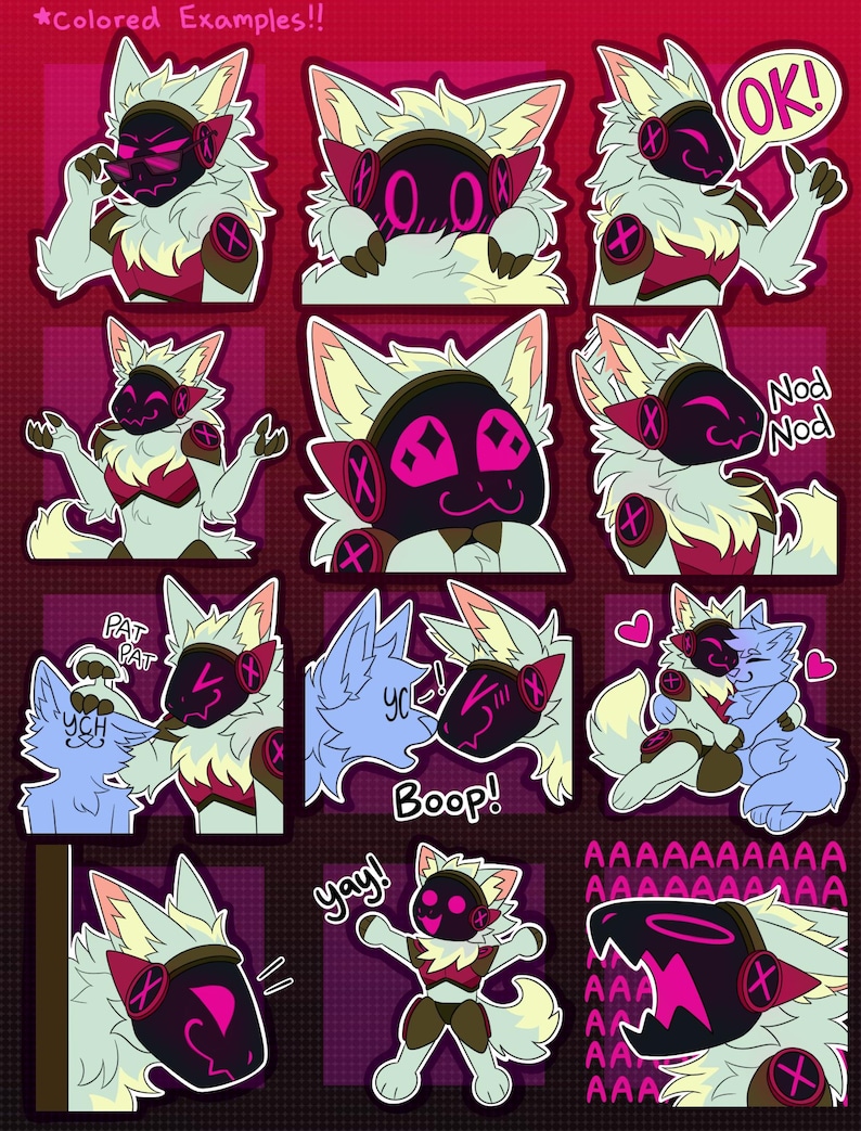 May include: A set of nine digital stickers featuring a cartoon wolf character in various poses and expressions. The wolf is wearing a black helmet with pink accents and has white fur. The stickers include text such as "OK!" "Nod Nod" "Boop!" and "yay!"