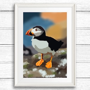 Puffin Digital Painting, Atlantic Puffin Wall Art, Seabird Printable, Digital Download, Home Decor, Original Art, Unique, Bright Gift