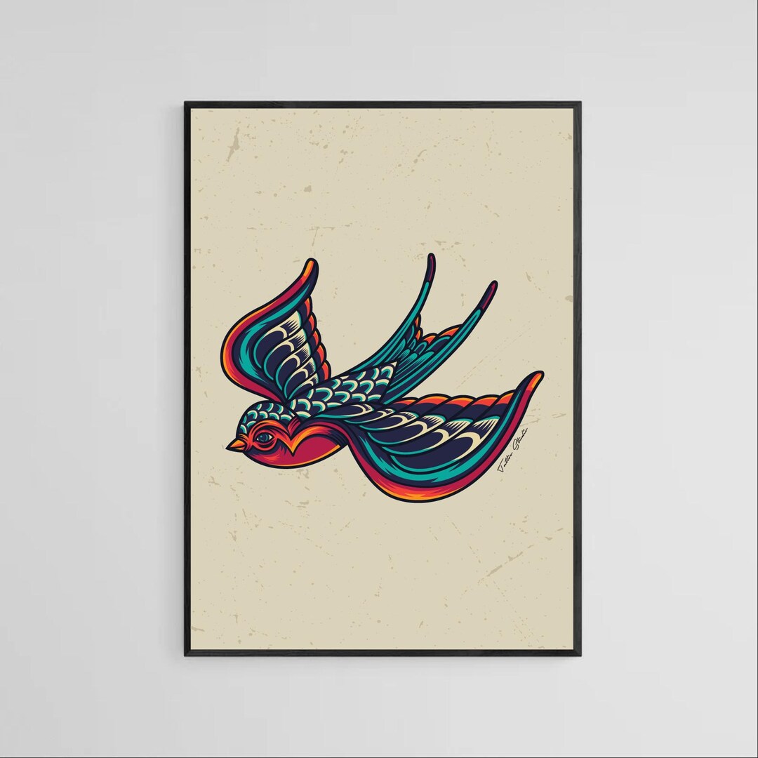 Swallow Tattoo Style Wall Art Print | Tattoo Flash Wall Decor ...