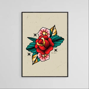 Rose Tattoo Style Wall Art Print | Tattoo Flash Wall Decor | Traditional Old School Wall Art |Tattoo Poster | Wall Decor | Digital Download