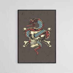 Red Snake Skull Tattoo Style Wall Art Print | Tattoo Flash Wall Decor | Traditional Old School Art | Tattoo Poster | Digital Download