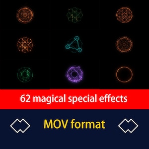 May include: A collection of 62 animated magical special effects in MOV format. The effects are displayed in a grid of nine, with each effect featuring a different color and design. The effects include circles, stars, and triangles.