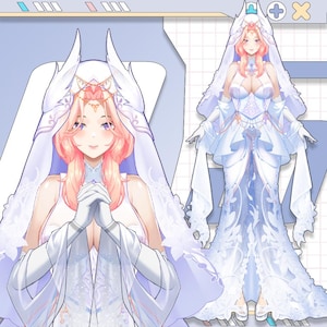 Peut inclure: Illustration d'une femme en robe de mariée blanche avec un long voile. La robe présente des motifs floraux complexes et un décolleté en cœur. La femme a les cheveux roses et porte des gants blancs.