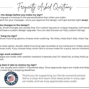 a collection of text and logos, including a logo with an American flag, a question about customizing a sign, and a message about the time it takes to receive a sign. The text is written in a casual and conversational tone, and the image does not contain any redundancy or vague descriptions.