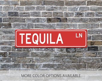 May include: A rectangular red street sign with a white border and white lettering that reads TEQUILA LN. The sign features a clean, flat design with bold, sans-serif typography, presenting the word TEQUILA in large letters followed by LN.