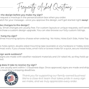 a collection of text and logos, including a logo with an American flag, a question about customizing a sign, and a message about the time it takes to receive a sign. The text is written in a casual and conversational tone, and the image does not contain any redundancy or vague descriptions.
