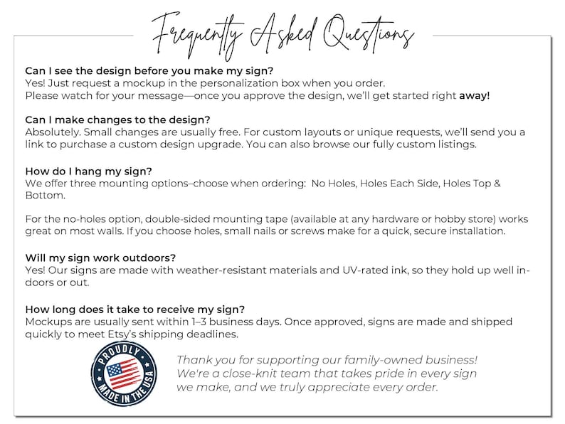 a collection of text and logos, including a logo with an American flag, a question about customizing a sign, and a message about the time it takes to receive a sign. The text is written in a casual and conversational tone, and the image does not contain any redundancy or vague descriptions.