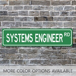 May include: A rectangular green street sign with a white border and white lettering that reads SYSTEMS ENGINEER RD. The sign features a clean, flat design with mounting holes on the left and right sides, mimicking the appearance of a standard road sign.